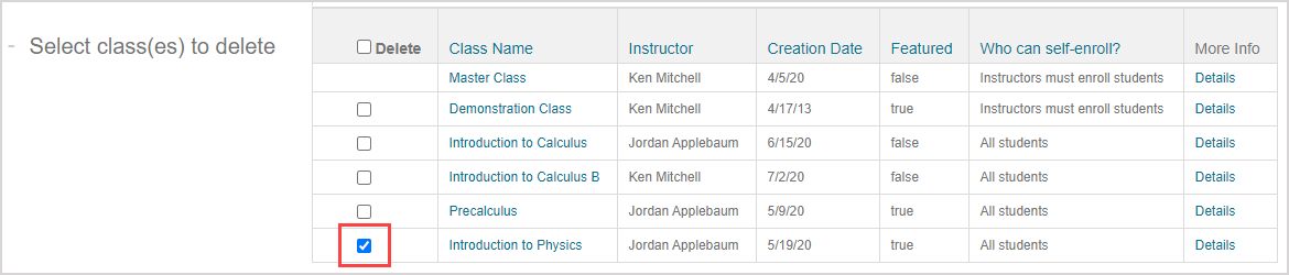 The check box of a class from the class search search results is selected to indicate that it is to be deleted.